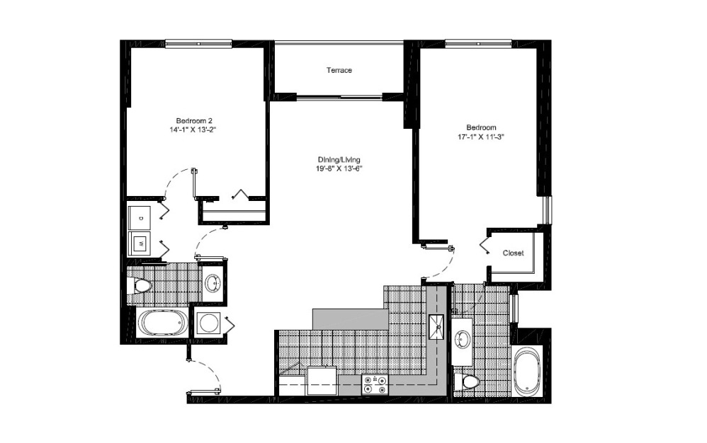 B2A - 2 bedroom floorplan layout with 2 bathrooms and 1207 square feet