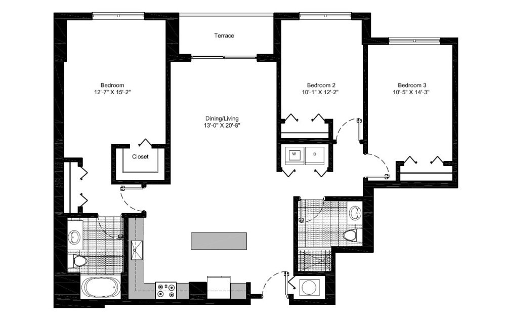 C1 - 3 bedroom floorplan layout with 2 bathrooms and 1423 square feet (2D)