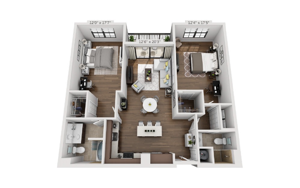 Two Bedroom - 2 bedroom floorplan layout with 2 baths and 1195 to 1264 square feet.