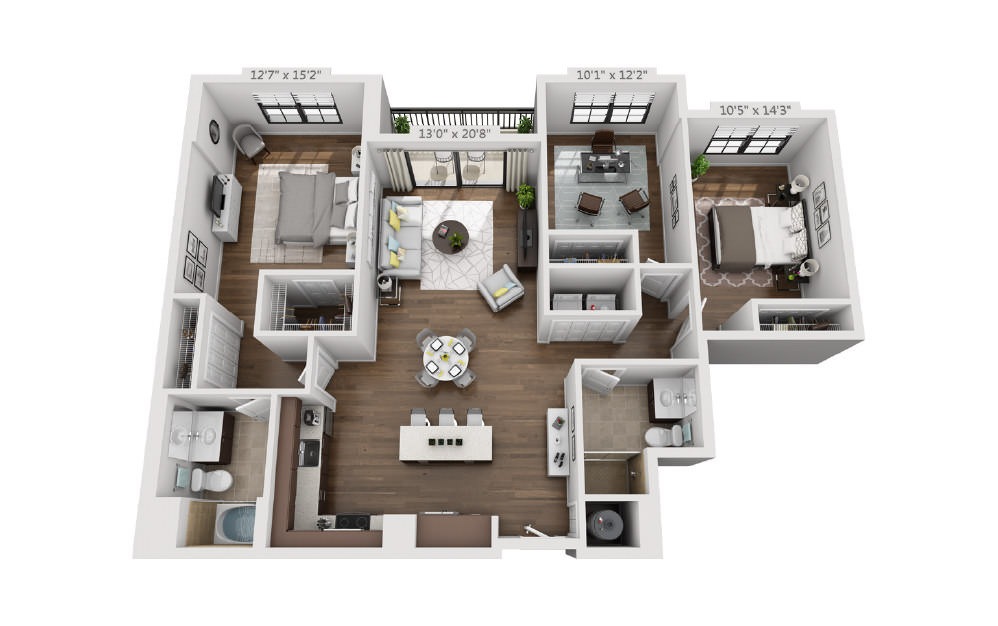 Three Bedroom - 3 bedroom floorplan layout with 2 baths and 1423 to 1455 square feet.